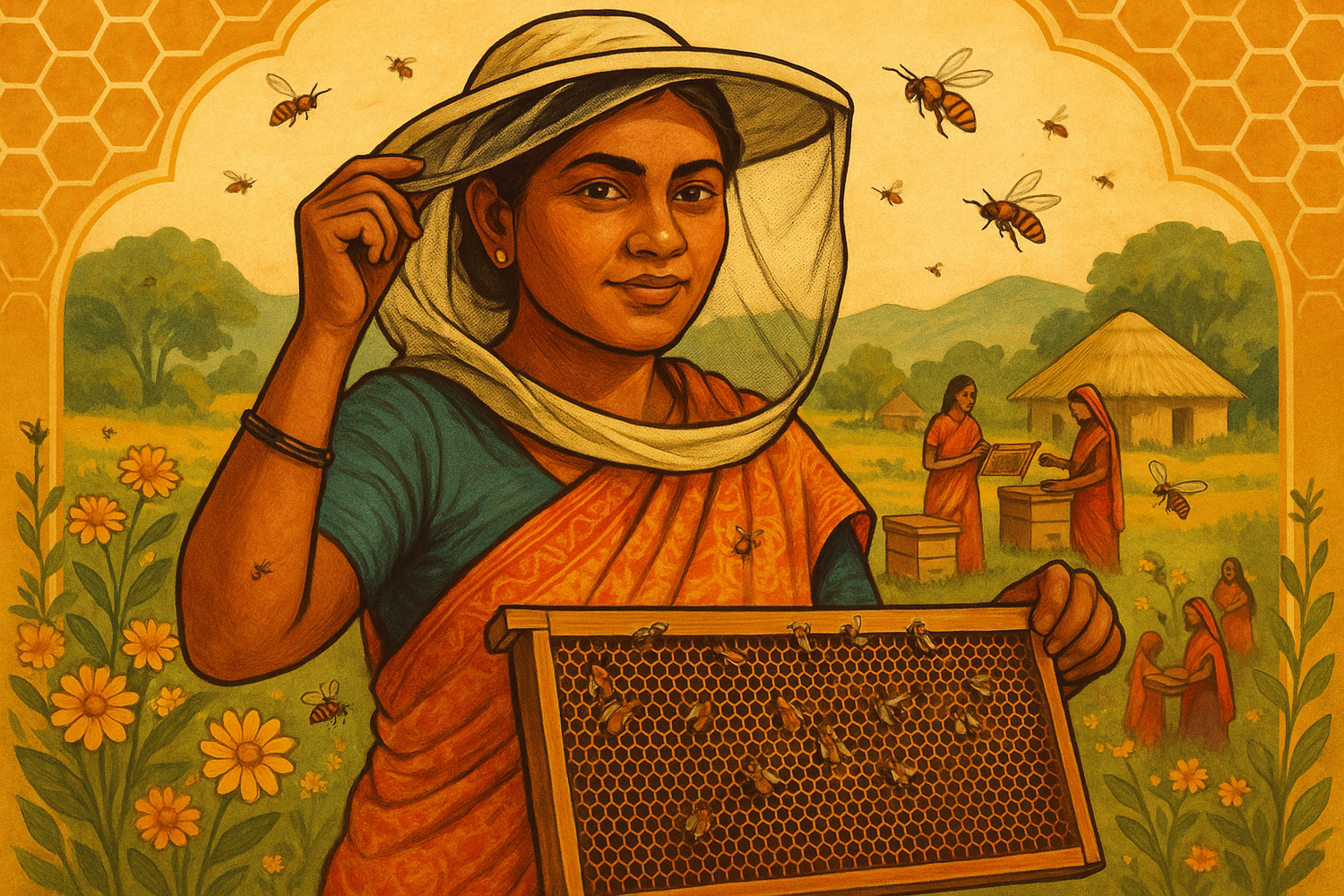 A symbol for social commitment- training and building capacities of rural Indian women to become beekeepers- a portrait sized image.