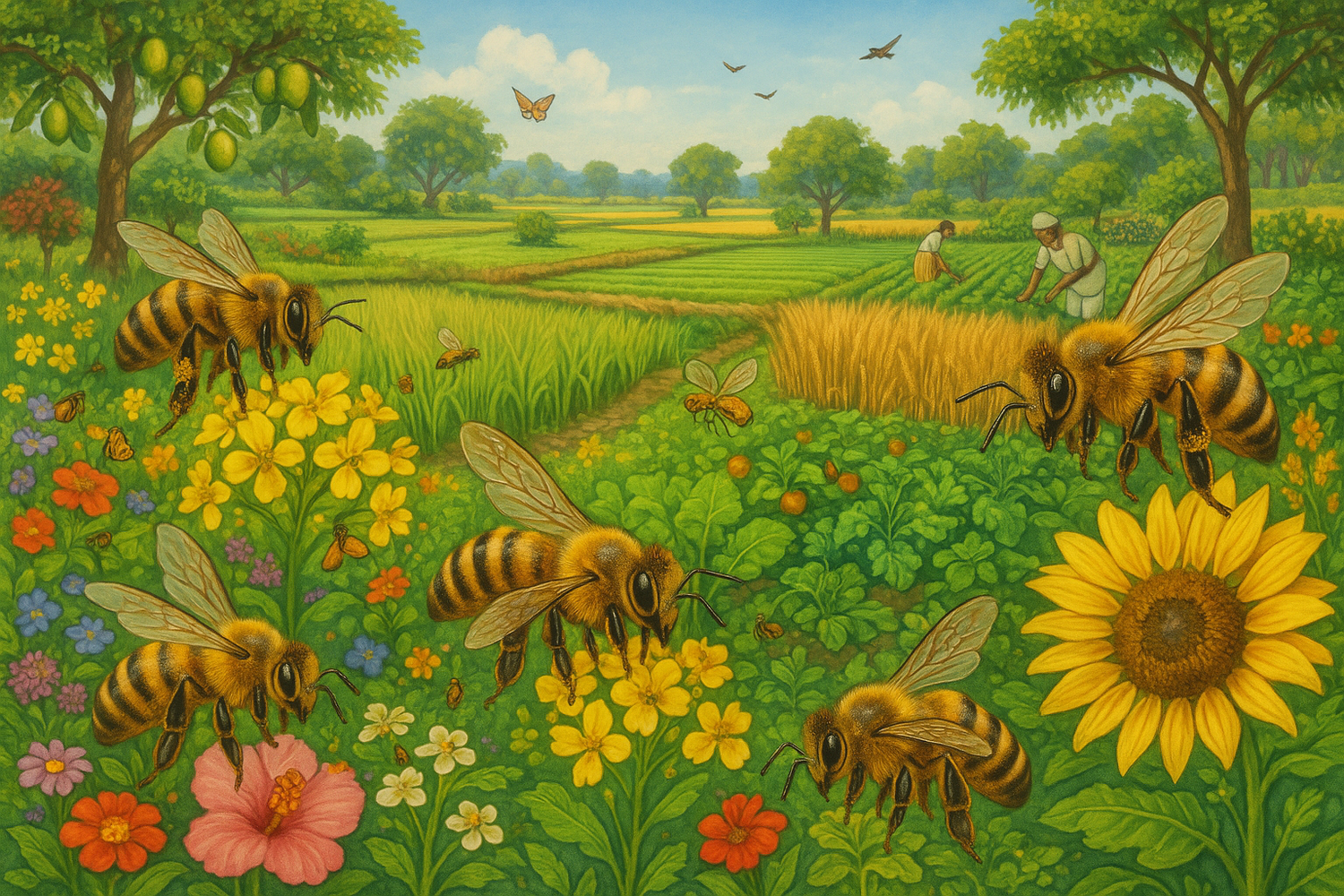 An image depicting bees as climate allies which Enhancing biodiversity through pollination services that increase crop yields, improve quality, and strengthen food security. Don't encircle or anything. Just focus on bees in an indian farmland with lots of flowers and crops and ecosystem